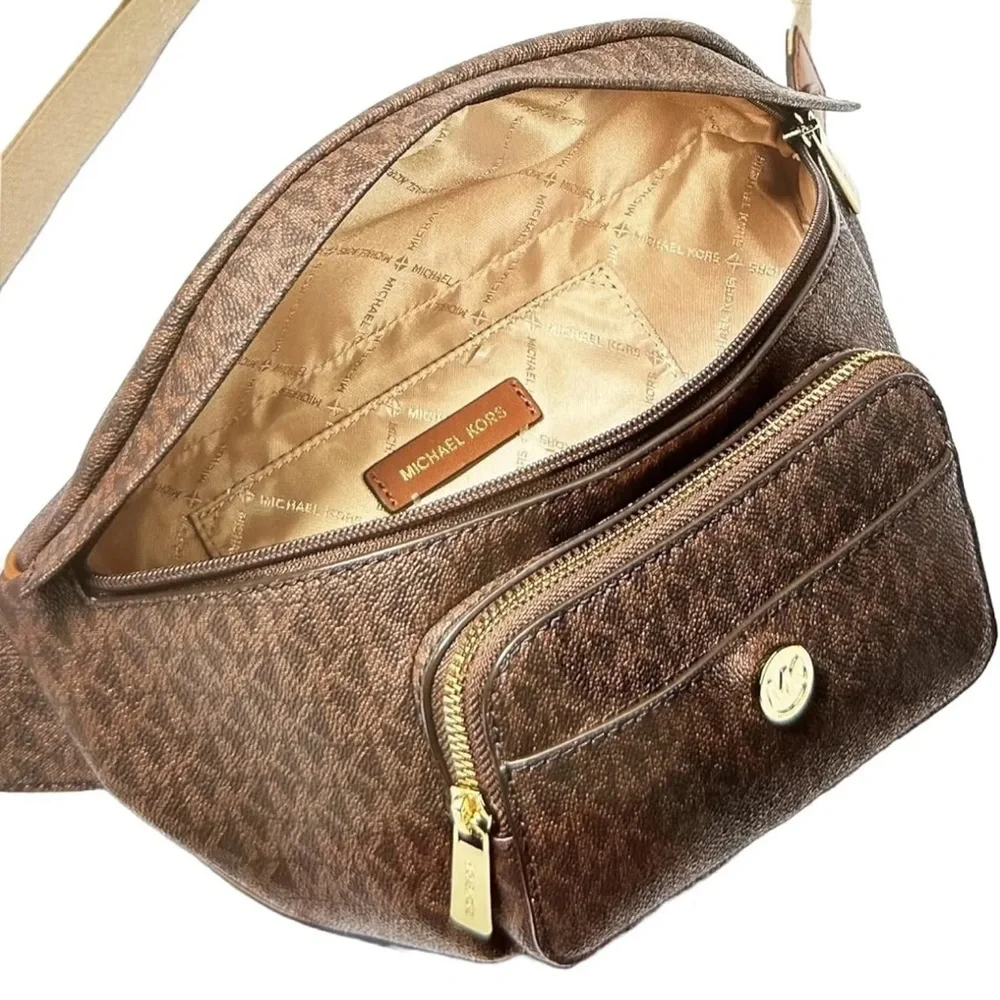 Michael Kors Maisie 2 In 1 Large Waistpack Fannypack Belt Bag Brown MK Signature - Picture 5 of 6
